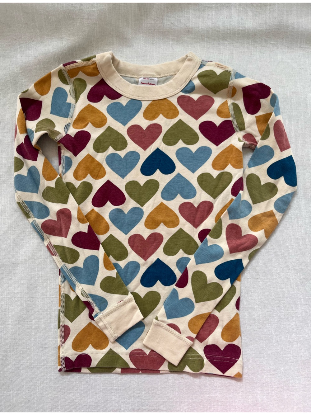 Girls Heart-Print Pajama Top - Multicolor Hearts. Size 10. 100% Organic Cotton.